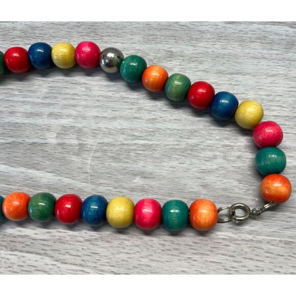 Handcrafted Rainbow Wooden Bead Necklace Geometric Shapes Graduating Beads Boho - Picture 4 of 9